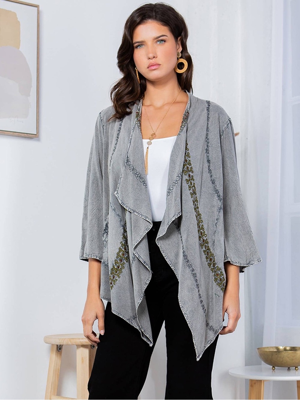 Young Threads Light Gray Draped Open Front Cardigan with Olive Embroidered Trim